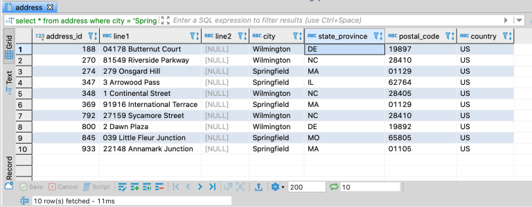 Addresses in cities named Wilmington or Springfield